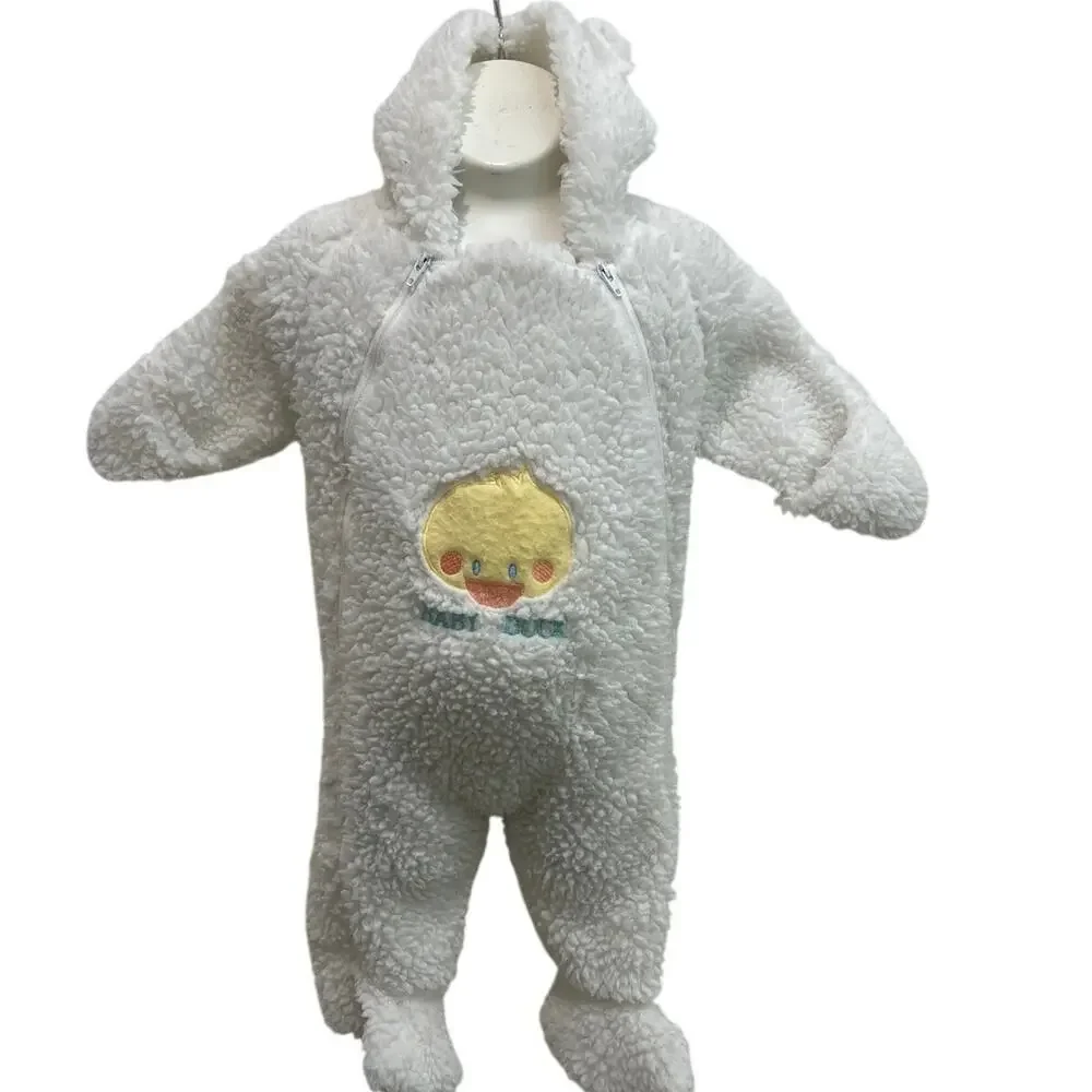 Vtg Infant Wht snowsuit one-piece, hooded romper/jumpsuit fleece, 0-6 months